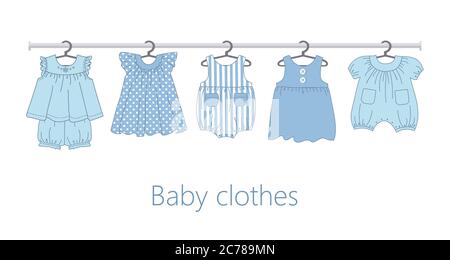 Gestell mit Babykleidung auf Kleiderbügeln. Es gibt Kleider, Overalls und andere Dinge auf dem Bild Stock Vektor