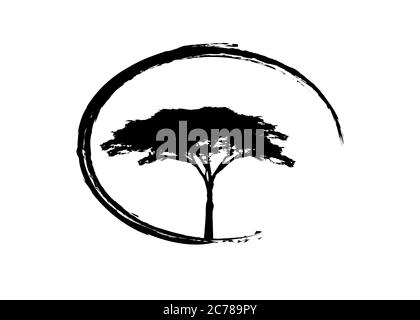 Afrikanischer tropischer Baum Logo Symbol schwarz und weiß Farbe, Akazienbaum Silhouette, grüne Natur Safari Ökologie Konzept, biologische Natur Konzept Stock Vektor