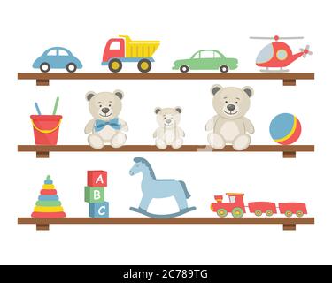 Regale mit Spielzeug. Es gibt Autos, einen Hubschrauber, Teddybären, ein Schaukelpferd, einen Ball, einen Zug und andere Gegenstände auf dem Bild. Spielzeug für den kleinen Jungen. Stock Vektor