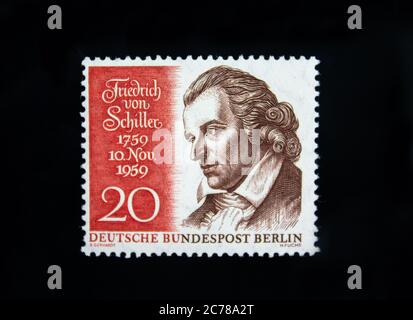 Briefmarke aus der BRD Berlin. 200. Geburtstag von Friedrich Schiller. Gedruckt Am 11/10/1959. Stockfoto