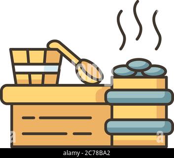 RGB-Farbsymbol für Dampfsauna. Sauna Erholung, Vaporarium. Dampfbad, Badehausgeräte. Wassereimer, Holzlöffel und beheizte Steine isoliert vect Stock Vektor