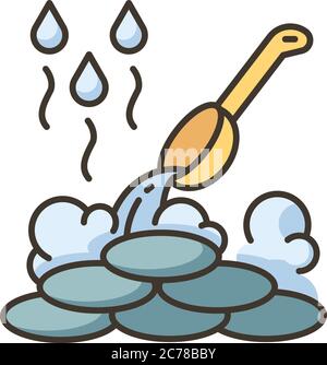 RGB-Farbsymbol für die Nasssauna. Traditionelles finnisches Badehaus, russische Banja. Dampfbadruhepause, Wärmetherapie. Gießen von Wasser auf beheizte Steine isoliert Vektor Stock Vektor