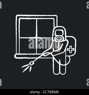 Raumbegasung Kreide weißes Symbol auf schwarzem Hintergrund. Home Dekontamination, professionelle Desinfektion Service. Chemische Sterilisation. Reiniger in gefahr Stock Vektor