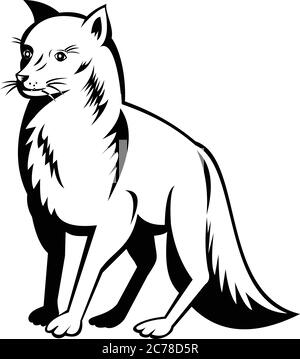 Retro schwarz-weiß Stil Illustration eines Polarfuchs, auch bekannt als weißer Fuchs, Polarfuchs, oder Schneefuchs, ein kleiner Fuchs aus den arktischen Regionen o Stock Vektor