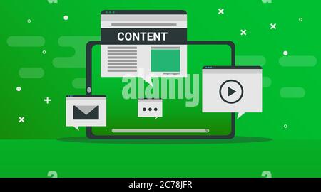 Web Content Illustration Mit Tablet Und Internet Icons, Grüner Hintergrund Stock Vektor