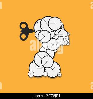 Portrait Aus Uhren Und Uhrwerken Auf Oranfarbenem Hintergrund, Illustration Stock Vektor