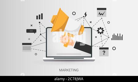 Laptop mit Blogger Hand hält Megaphon über grauem Hintergrund, Illustration Stock Vektor