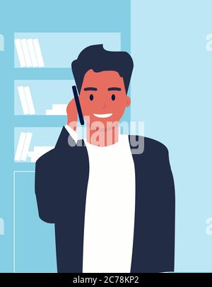 Geschäftsmann Im Telefonat Über Blue Office Hintergrund, Illustration, Vektor Stock Vektor