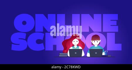 Online-Bildung, selbstlernende Konzept Vektor Illustration. Die Schüler lernen mit einem Laptop. Stock Vektor