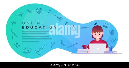 Online-Bildung, selbstlernende Konzept Vektor Illustration. Student mit Laptop studieren. Symbole für die Zubehörleitung für Bildungseinrichtungen eingestellt. Stock Vektor