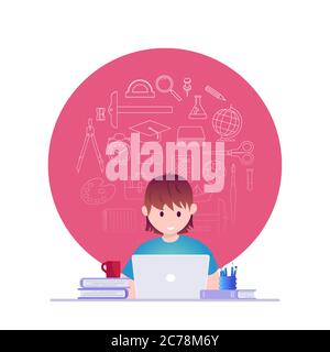 Online-Bildung, selbstlernende Konzept Vektor Illustration. Student mit Laptop studieren. Symbole für die Zubehörleitung für Bildungseinrichtungen eingestellt. Stock Vektor