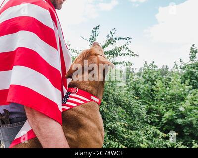 Schöner Mann, charmanter Welpe und amerikanische Flagge Stockfoto