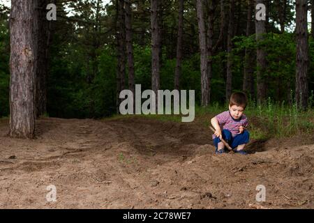 Ein kleiner Junge, ein Kind in einem Nadelwald gräbt einen Stock Boden, spielt mit der Natur. Abend im Wald Stockfoto