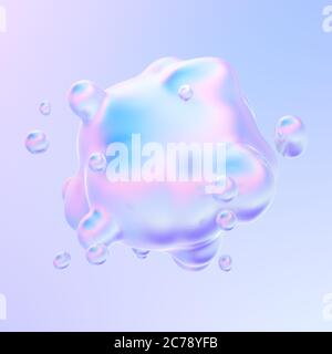 Abstrakte Flüssigkeit holographische Gradientenform. Flüssigmetall Blasen spritzen. Flüssige Neon morphing Blasen. 3d-Rendering. Stockfoto