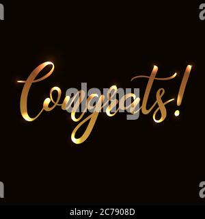 Herzlichen Glückwunsch! Pinsel Kalligraphie Hand Schriftzug Gold auf schwarzem Hintergrund. Gezeichnetes Kunstzeichen. Vorlage für Banner, Poster, Flyer, Grußkarte, Webdesign. Stock Vektor