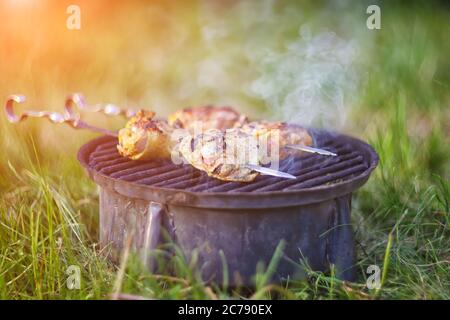 Appetitliche Stücke gebratenes Fleisch auf dem Feuer. Rauchiger Hintergrund Stockfoto