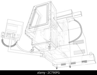 CNC-Drehmaschine in Umriss-Stil. Drahtrahmenlinie isoliert. Vektorrendering von 3d. Stock Vektor