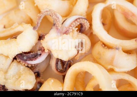 Gebratene Tintenfische oder Tintenfische (Calamari) isoliert auf weißem Hintergrund Stockfoto
