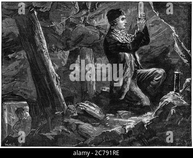 George Stephenson Experimentieren mit der Sicherheitslampe in einer Mine, aus Illustrated London News 1881 Stockfoto