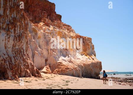 Farbige Steine und Sand am Strand, im Hintergrund Klippen mit natürlicher Vegetation in Praia de Peroba, Icapui, Ceara, Brasilien Stockfoto