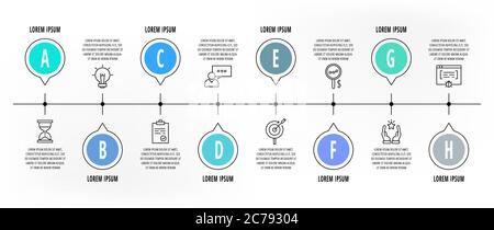 Infografiken Kreise mit 8 Schritten, Symbole. Vorlage für Vektor mit flacher Linie. Kann für acht Diagramme, Business, Web, Banner, Workflow-Layout, Presentat verwendet werden Stock Vektor