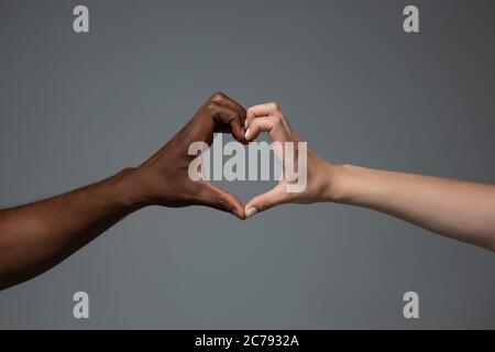 Liebe Herz Geste. Rassistische Toleranz. Respektieren Sie die soziale Einheit. Afrikanische und kaukasische Hände gestikulieren auf grauem Studiohintergrund. Menschenrechte, Freundschaft, Konzept der Einheit der Intenationalen. Interrassische Einheit. Stockfoto