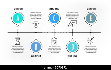 Infografiken Kreise mit 5 Schritten, Symbole. Vektorvorlage für flache Linien. Kann für fünf Diagramme, Geschäft, Web, Banner, Präsentationen, Flussdiagramm verwendet werden Stock Vektor