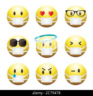 Hochwertige Emoticons auf weißem Hintergrund isoliert.Emoticons mit medizinischen Maske set.Maske Emoji Vektor Illustration.Gelbes Gesicht Smiley.Maske Emoji. Stock Vektor