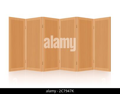 Trennwand, Raumteiler, Klappwand - Holz, faltbar, mobil, rustikal, Retro-Inneneinrichtung - Illustration auf weißem Hintergrund. Stockfoto