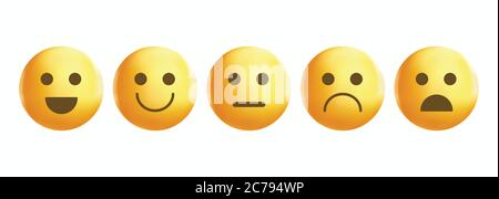 Hochwertige Emoticons auf einem weißen Hintergrund isoliert.Emoticons Set.Emoji Sammlung Vektor Illustration.Gelbes Gesicht Smiley.Feedback Skala. Stock Vektor