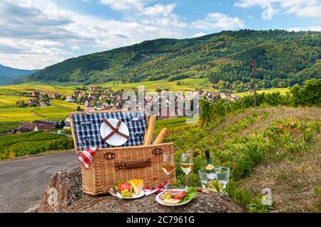 Frankreich ELSASS Picknick mit lokalen weißen Gewürztraminer Wein und Käse In Weinbergen oberhalb des mittelalterlichen historischen Dorfes Riquewihr Elsass Frankreich Stockfoto