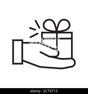 Geschenk Symbol Vektor in einfachen Umriss Stil. Zeichen der Geschenkbox. Das Paket ist mit einem Bogen gebunden. Online-Spende zur Illustration. Der Online-Shop DIS Stock Vektor