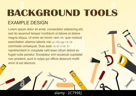 Werkzeuge für die Erstellung. Hintergrund für Text. Bau, Dekoration, Reparatur von Häusern, Büros. Reparaturdienste. Werkzeugkits. Verkauf, Miete. Handwerkzeuge. Setzen. Stock Vektor