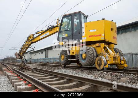 Rexquote Megarailer arbeitet an einem Abschnitt der Eisenbahnstrecke in Großbritannien. Stockfoto