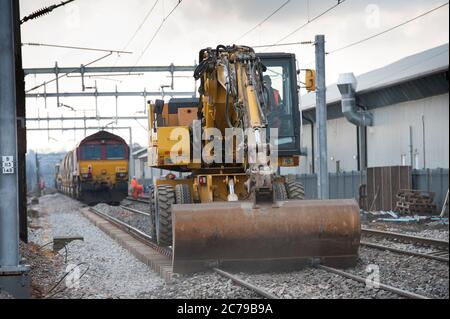 Rexquote Megarailer arbeitet an einem Abschnitt der Eisenbahnstrecke in Großbritannien. Stockfoto