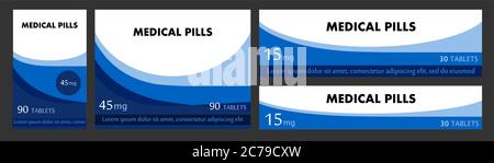 Konzept der Etikettenverpackung für Arzneitabletten. Design-Boxen für die Verpackung von medizinischen Produkten. Für Tabletten, Kapseln. Set von Aufklebern für Kartons, Stock Vektor