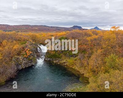 Kleiner Wasserfall mit Naturpool in Island Nature Stockfoto