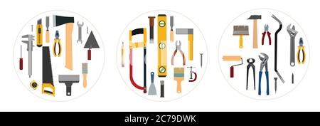 Werkzeuge Hintergrundvektor. Isoliert auf Weiß. Instrumente des Zimmermanns, Tischlers, Schlossermeisters, Handwerkers. Flacher Style. Setzen. In einem Kreis. Miete, Verkauf. Stock Vektor