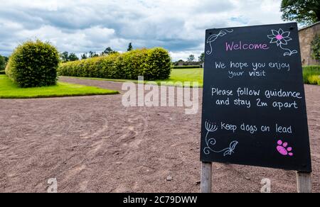 Haddington, East Lothian, Schottland, Großbritannien, 15. Juli 2020. Amisfield Walled Garden wird wieder eröffnet: Der Garten aus dem 18. Jahrhundert, einer der größten in Schottland, wird von Freiwilligen geführt und gepflegt. Es ist jetzt 3 Tage die Woche geöffnet mit einem Online-Buchungssystem, nachdem die Sperrbeschränkungen während der Covid-19 Pandemie gelockert wurden. Eine handschriftliche Tafel mit Begrüßungsschreiben fordert Besucher auf, soziale Distanz zu halten und Hunde an der Leine zu halten, wobei ein Fußweg von Hecken gesäumt ist Stockfoto