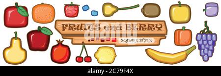 Set von Früchten und Beeren. Vektor. Cartoon quadratische Früchte: Äpfel, Orange, Erdbeeren, Birnen, Pflaumen, Granatäpfel, Kirschen, Trauben, Zitrone, Bananen. Stock Vektor