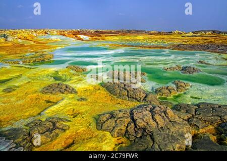 Dallol Schwefelquellen / heiße Quellen in der Danakil Depression Entladung Sole und saure Flüssigkeit in grünen Säure Teiche, Afar Region, Äthiopien, Afrika Stockfoto