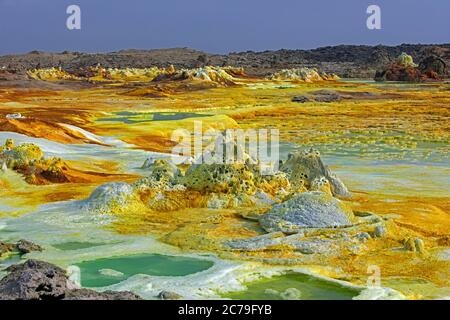 Dallol Schwefelquellen / heiße Quellen in der Danakil Depression Entladung Sole und saure Flüssigkeit in grünen Säure Teiche, Afar Region, Äthiopien, Afrika Stockfoto