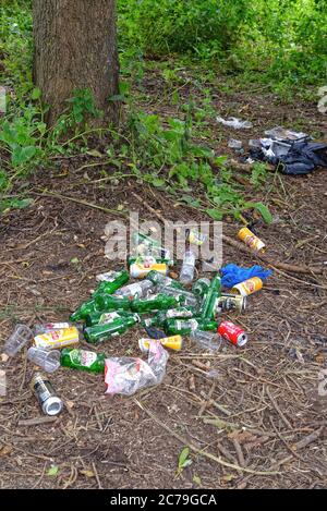 Leere Bierflaschen und gebrauchte Getränkedosen, die in einem ländlichen Ort entsorgt werden Stockfoto