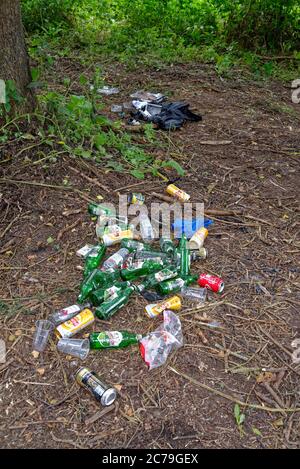 Leere Bierflaschen und gebrauchte Getränkedosen, die in einem ländlichen Ort entsorgt werden Stockfoto