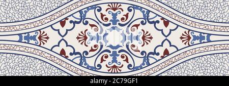 Majolika-Keramikfliesen, blaue und weiße Azulejo, original traditionelle portugiesische und spanische Einrichtung. Nahtlose Grenze mit viktorianischen Motiven. Stockfoto