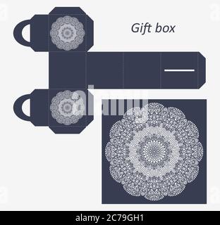 Durchbrochene Geschenkpapierbox mit einem Griff.Grußverpackung mit Spitzenmuster. Schablone präsentiert Verpackung, Muster geeignet für Laserschneiden Stock Vektor