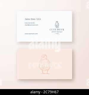 Niedliche Ente Abstrakt feminine Vektor-Zeichen oder Logo und Visitenkarte Vorlage. Premium Stationär Realistisch Mock Up. Moderne Typografie und weiche Schatten. Stock Vektor