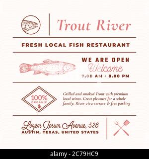 Forelle River Restaurant Schilder, Titel, Inschriften und Menü Dekoration Elemente Set. Hochwertige Retro Typografie Layout mit handgezeichneten Icons und Stock Vektor