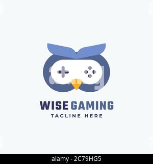 Wise Gaming Abstract Vektor-Zeichen, Symbol oder Logo-Vorlage. Flat Style Gamepad Icon Incorporated in einem Eulengesicht. Moderne Typografie. Gut fürs Spiel Stock Vektor