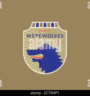 Werwölfe Medeival Sports Team Emblem. Abstraktes Vektorzeichen, Symbol oder Logo-Vorlage. Angry Wolf Head in a Shield mit Vintage Typografie. Dunkles Olivgrün Stock Vektor